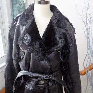 Genuine Leather Black Fur Vintage Coat Women's Size M
